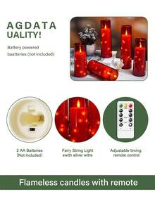 5pcs Set Of Flickering Flameless Candles With Star String Lights, Battery Operated Candles, Embedded LED String Lights Candles, Unbreakable Acrylic Candles With Remote Control, Suitable For Tabletop Centerpiece Decor For Christmas, Halloween, Wedding, Party, Holiday Atmosphere Lighting - Red - View 9