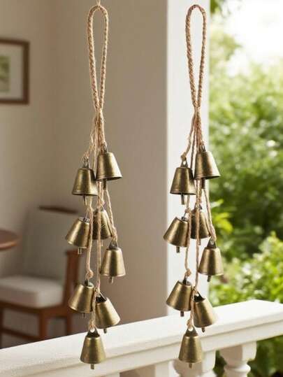 1/2个黄麻绳铃铛复古喇叭铃铛吊坠，复古铁艺DIY喇叭铃铛风铃挂饰，适用于圣诞节、新年、波西米亚风格场景布置、节日氛围道具