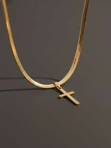 1pc Minimalist Stainless Steel Cross Pendant Necklace, Everyday Wear For Men - Gold - View 4