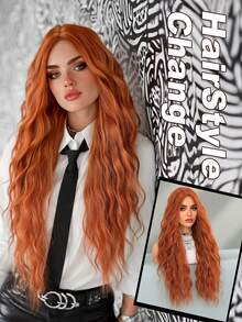 Tóc giả dài, gợn sóng, xoăn màu cam mùa thu dành cho nữ, chất liệu tổng hợp, rẽ ngôi giữa, không có mái, chất lượng cao, sợi chịu nhiệt, thích hợp cho các bữa tiệc, cosplay, dạ hội hóa trang, lễ hội âm nhạc và lễ hội hóa trang, dài 26 inch. - Cam bẩn - Xem 2