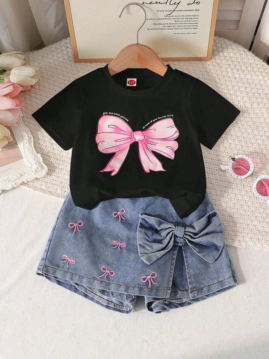 2pcs/Set Girls Cute Round Neck Bow Print Top + Fashionable Embroidered Bow Skirt Pants Set