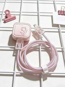 5个粉色郁金香线条印花充电器及数据线TPU保护壳，兼容苹果17W/40W快充 - 彩色 - 查看 5