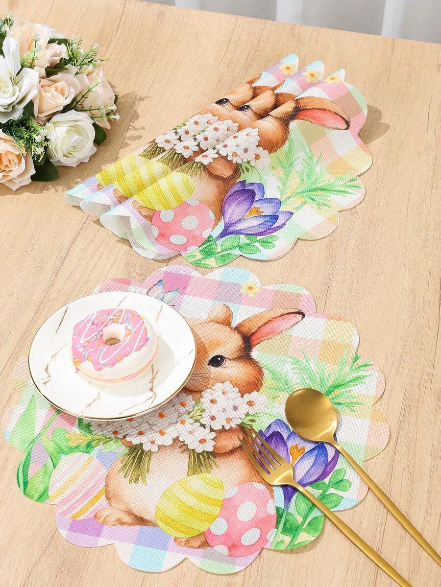 4pcs Easter Thickened Linen Placemats, Tulip Rabbit Egg Pattern, Washable Round Linen Placemats With Scalloped Edges - Vibrant Floral Design, Suitable For Home Decor, Perfect For Daily Use And Holiday Parties, Seasonal Tableware, Holiday Table Setting, Spring Theme Decor, Durable Fabric, Hand Wash Only, Decorative Placemats, Party Host, Family Gathering - Multicolor - View 1