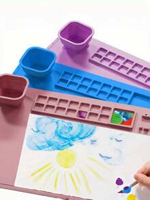 1pc Reusable Silicone Art Mat With Suction Cup - Sky Blue/Light Green/Pink, Durable Drawing Mat For Creative Projects, Suitable For Oil, Watercolor And Acrylic Paints - Multicolor - View 2