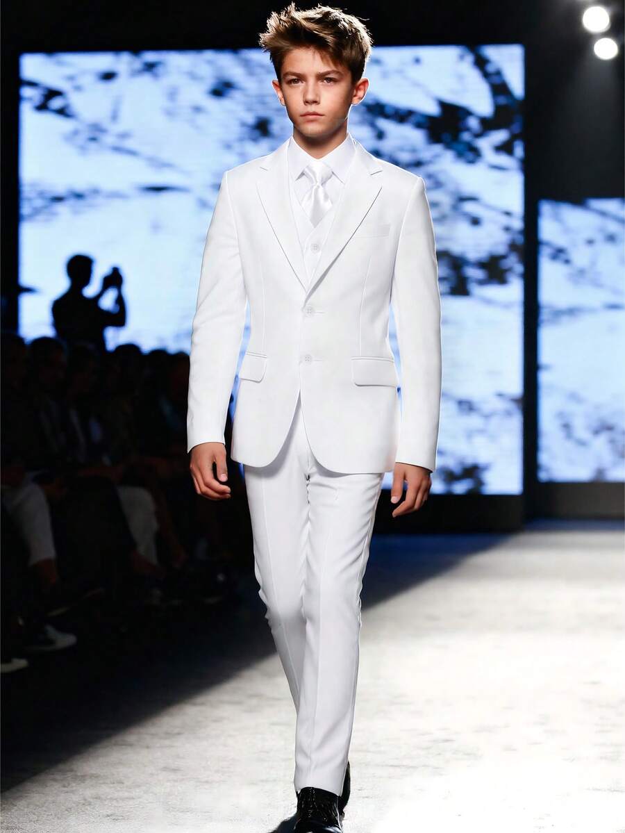Boys Suit 5 Piece Jacket Vest Pants Shirt Tie Random Wedding Birthday Party Gift Performance Uniform School Uniforms Size 4-16Y Teens Suits Tuxedo Kids Clothes - 白色 - 查看 1