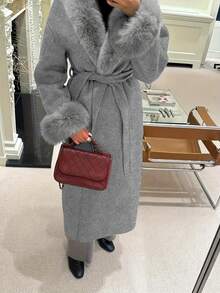 Elegant Women's Wool Blend Overcoat With Faux Fur Collar And Cuffs, Autumn/Winter - Grey - View 3