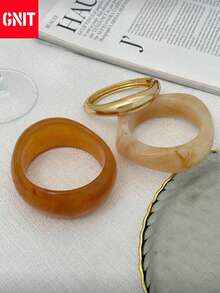 GNIT 1 buah/3 buah/Set Gelang Resin Lebar Asimetris Retro Bohemian, Perhiasan Mewah untuk Sehari-hari & Pesta, Hadiah untuk Wanita (Sedikit Ketidaksempurnaan dan Variasi Warna pada Gelang Resin Adalah Normal). Elemen Pola Geometris, Tekstur Teratur, Lekukan Halus. - Ladder Brown + Water Drop Gold + Twisted Rice - View 3