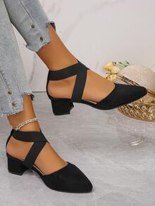 女士独特粗跟尖头穆勒鞋，复古高品质黑色套脚凉鞋，配有舒适的踝带和金色搭扣，优雅派对必备单品 - 黑色 - 查看 4