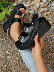 美式街头风黑色厚底坡跟凉鞋，金属搭扣带厚底罗马鞋 - 黑色 - 查看 3