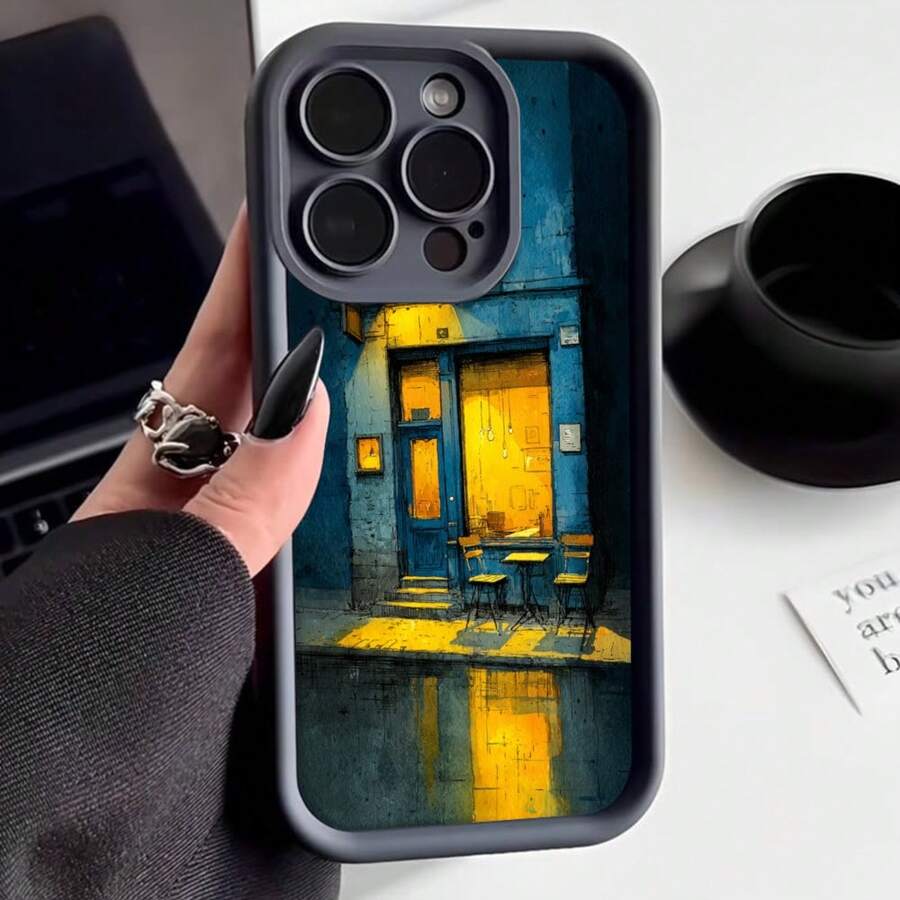 Cubierta de teléfono con diseño artístico azul y amarillo con escena de cafetería iluminada para uso diario y estilo urbano - Blanco - Ver 1