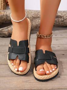 1 Pair Versatile Slip-On Sandals, Beige/Black/Brown, Cute & Fashionable For Teenagers, Summer New Arrival - Black - View 4