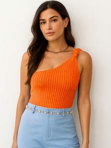 Women's Cropped Blouse Modal Tricot One Shoulder Mule Manca Hole Side Knot Summer Premium - 橘色 - 查看 3