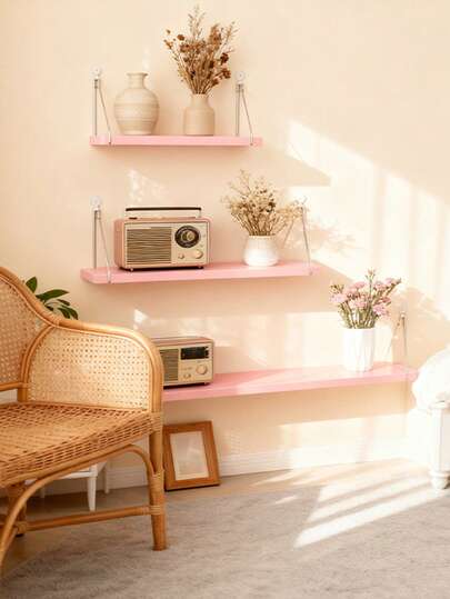 3 storlekar 3 färger väggmonterade flytande hyllor - nordiskt trä och rostfritt stål väggmonterat förvaringsställ, platsbesparande dekorhylla för vardagsrum/sovrum/badrum, växtdisplayorganisatör (svart/vit/rosa, S/M/L valfritt)