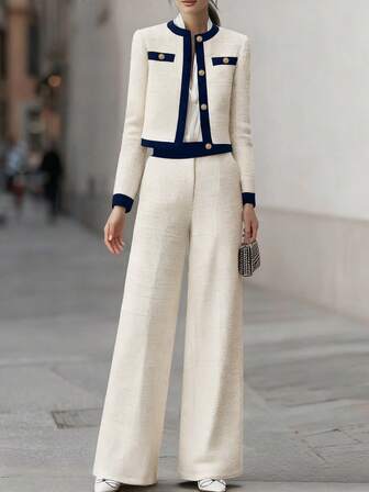 Conjunto elegante y elegante de mujer con bloque de color de tweed, adorno de botón dorado