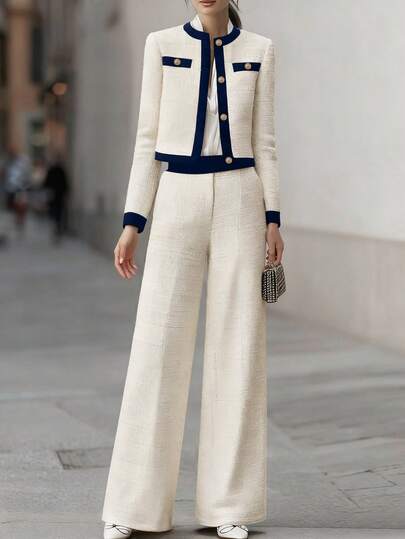 女士时尚优雅撞色粗花呢套装，金色纽扣装饰