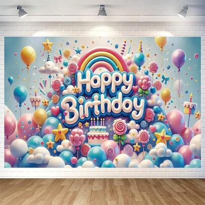1pc Birthday Happy Background Banner, Blue Rainbow And Candy Birthday Happy Banner, Cute Blue Photography Background, Outdoor Birthday Party For Boys And Children, Decorative Items, Outdoor Celebration Activities, Birthday Supplies, Indoor And Outdoor Decorations.