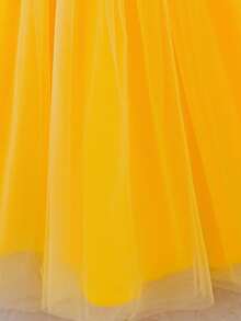Children's High-End Banquet Bright Color Floor-Length Long Evening Dress, Suitable For 3-12 Years Old European And American Girls, Daily Wear, Yellow Dress, Girls Party Formal Gown, Festival Costume, Graduation Ceremony, Princess Lace Waist Tie Back Tulle Dress With 3D Floral Decor, Puffy Skirt - Yellow - View 5