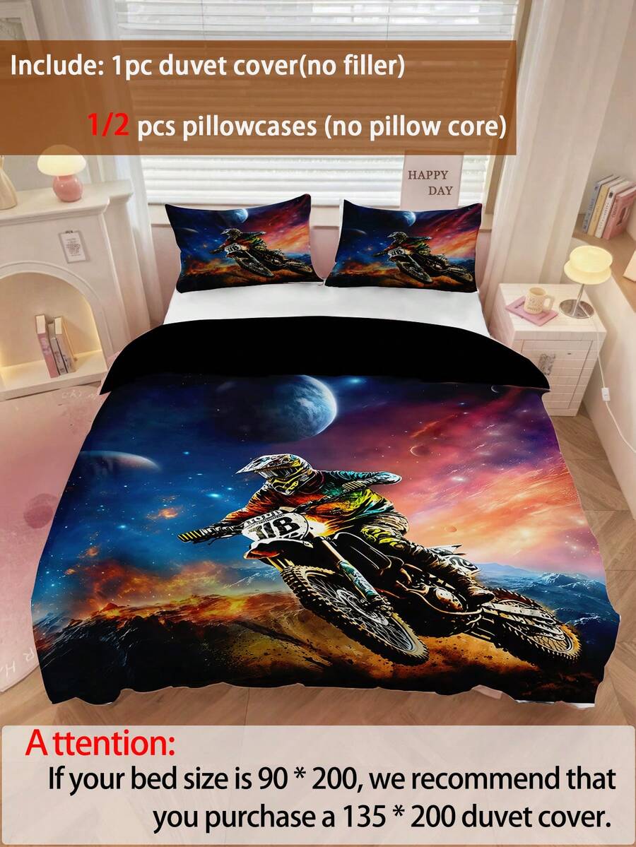 Bộ chăn ga gối trẻ em 2/3 món (1 vỏ chăn hai mặt + 1/2 vỏ gối một mặt), nhiều kích cỡ. Bộ chăn ga gối họa tiết xe máy này được làm từ vải polyester in kỹ thuật số. Thích hợp cho mọi mùa, lý tưởng cho phòng ngủ của bé trai và thanh thiếu niên. - Nhiều màu - Xem 1