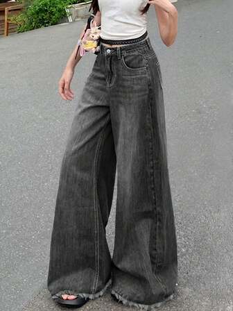 （棉混纺）女士复古毛边高腰宽松阔腿牛仔裤