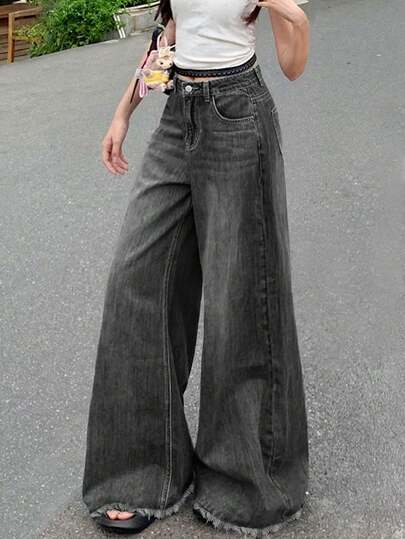 （棉混纺）女士复古毛边高腰宽松阔腿牛仔裤