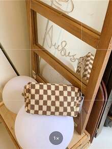 1pc Checkered Brown & Beige Octagonal Large Capacity Handheld Makeup Bag, Checkerboard Cosmetic Bag, Suitable For Wallet, Portable Zipper Makeup Pouch, Small Cosmetic Bag, Suitable For Travel Accessories, Coffee Color, Classic,Pouch,Makeup Pouch,Travel Essential - Multicolor - View 5