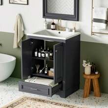 24'' Bathroom Vanity With Ceramic Sink Combo, Modern Freestanding Storage Cabinet With Silver Handles, Soft Closing Doors - Blue Gray + CeramicSolid WoodMDF + Modern + Bathroom - View 5