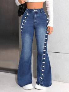 Vintage Fashionable Elegant Gentle Exquisite Design Button Fly Split Hem Women's Denim Jeans, Suitable For Casual, Commute, Travel, Date, Party All Year Round Spring - Dark Blue - View 5