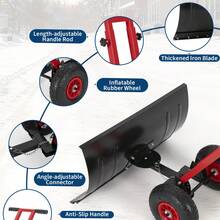 Heavy Duty Metal Snow Shovel With Wheels – 7-Position Angled & Height Adjustable Ergonomic Handle – Rolling Snow Pusher For Driveway, Sidewalk, Doorway, Pavement – Efficient Snow Removal Tool - 29W X 16.5H Red and Black - View 6
