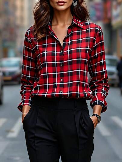 Women's Fashion Red & Black Plaid Polyester Shirt, Long Sleeve, With Button Details