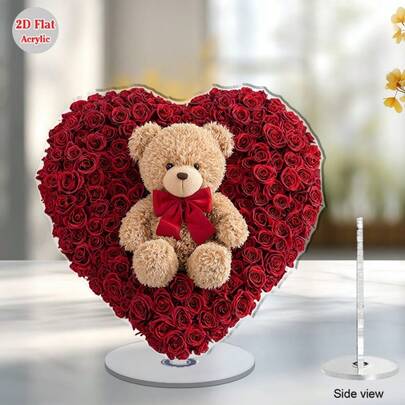 2D Rotating Acrylic Desktop Teddy Bear & Red Rose Heart Decor - Light Brown Bear With Red Bow Tie, Deep Red Rose, Suitable For Living Room, Bedroom, Bathroom, Kitchen, Valentine's Day, Wedding Home Decor