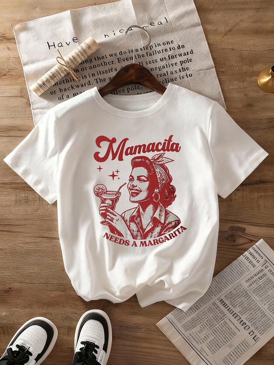 夏季上衣，女士夏季复古“Mamacita Needs Margarita”图案短袖圆领休闲T恤，印花T恤，夏季上衣，女士夏季款，夏季，印花T恤，女士上衣 - 白色 - 查看 1