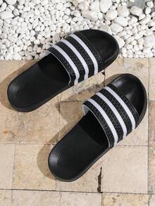 男士黑白条纹露趾凉鞋 - 柔软舒适的EVA鞋垫，防滑耐磨的EVA鞋底，适合沙滩、泳池、室内/室外休闲穿着，泳池边凉鞋 | 条纹凉鞋 | EVA鞋底凉鞋 - 黑色 - 查看 4