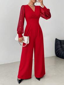 Elegant Women's Jumpsuit, Graceful Solid Color V-Neck Long Sleeve Jumpsuit - Straight Leg Design, Mesh Sheer Panels, Rivet Decor, Machine Washable, Showcasing Refined Style - Red - View 4