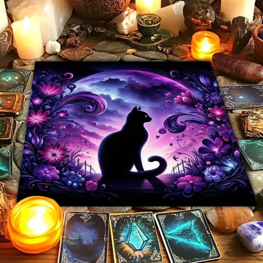 1pc Purple Black Cat Magic Tablecloth Stars Waterproof Tarot Cards Spiritual Ritual Bohemian Home Divinity - Black - View 1