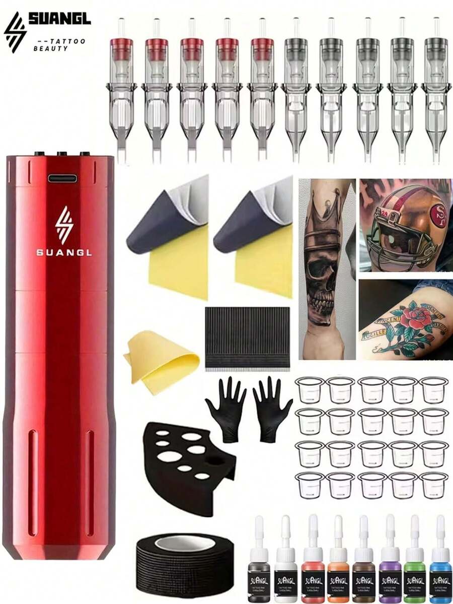 SUANGL Rechargeable Wireless Tattoo Gun Kit, 10/20 Tattoo Needle Ink Set, A Complete Wired Tattoo Machine Kit And Tattoo Supplies As A Gift Suitable For Beginners And Tattoo Artists Wireless Tattoo Gun Kit, Portable Tattoo Gun Set, 1000mAh Rechargeable Lithium Battery, 5-Hour Battery Life, Digital Screen Display, Complete Tattoo Gun Set Suitable For Beginners And Tattoo Artists, For Gift Wireless Tattoo Machine - Nhiều màu - Xem 1