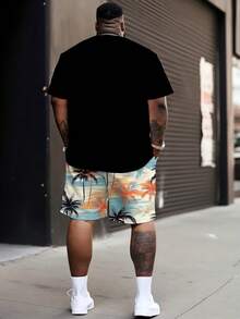 2pcs Big & Tall Men's Black Base Coconut Tree Patchwork Set, Partial Print Shirt + All-Over Tropical Print Shorts, Summer - màu đen - Xem 2