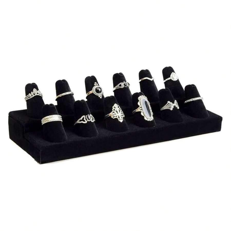 Caja negra para joyería con 12 anillos, soporte para exhibición de dedos de 8.25x3.25x2.5 pulgadas con base cuadrada - Organizador de soporte para anillos para o uso personal - Soportes de exhibición para anillos - Multicolor 776 - Ver 1