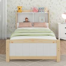 Solid Wood Einzelbett Stauraum-Kopfteil Bed, 90 X 200 Cm Bettgestell Mit Slattenrost Holzbett Mit Kopfteil, Kinderbett Jugendbett Kiefer Massive Natürlich Und Weiß (Ohne Matratze Und Schubladen) - White - View 4