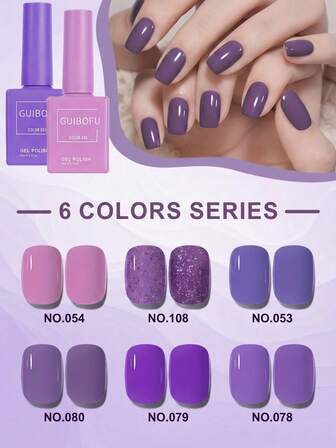 Kit de esmalte de uñas en gel morado - Set de 6 colores con brillo morado uva, lámpara UV LED, esmalte en gel de 15ml para manicura DIY en casa con el mismo color en el mismo frasco