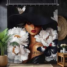 Black African  Girl Woman Bathroom Shower Curtain African American Afro Lady Sexy Tropical Monstera Plant Polyester Fabric Hooks Waterproof Decor, Apartment Essentials Bathroom Decor Room Decor Home Decor Dorm Essentials College Room Christmas Decoration - 樣式 3 - 查看 3