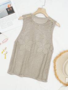 Women's Crochet Knit Sleeveless Hollow Out Semi-Sheer Knit Tank Top, Suitable For Summer Vacation - Khaki - View 6