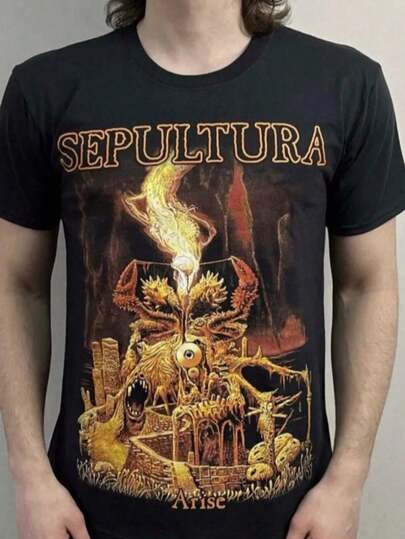 Camiseta de algodón negro con gráfico de Sepultura Arise para hombres - Manga corta, cuello redondo, ajuste casual, diseño impreso en negrita, tela ligera y transpirable, perfecta para atuendos casuales