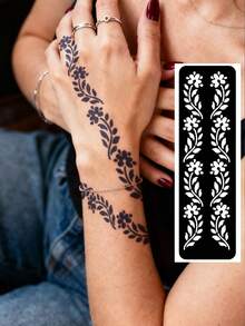 Hana Hand Drawn Tattoo Hollow Template Minimalism Hana Bride Elegant Lace Mandala Flower Pattern Sticker Suitable For Hands, Feet, Shoulders, Neck, Collarbone Semi Permanent Fake Tattoo Sticker 1 Pack - Black - View 3