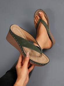 Women's Comfortable Platform Flip Flops, Simple Thong Sandals, Suitable For Casual, Outdoor, Vacation, Beach Wear In Summer,Wedge Sandals - Army Green - View 6