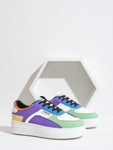 女士彩色拼接厚底运动鞋，白色休闲鞋，粉色运动鞋，适合春秋季穿着 - 紫色 - 查看 11