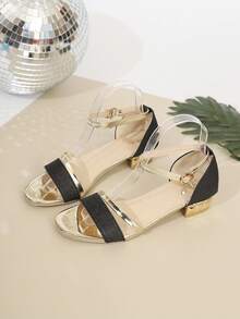 1 Pair Teens' Flashy Black Gold Silver Color Block Chunky Heel Sandals, Girls' Sweet & Edgy Open Toe High Heels, Student Party Date Outdoor Wear Teenage High Heel Sandals - Black - View 6