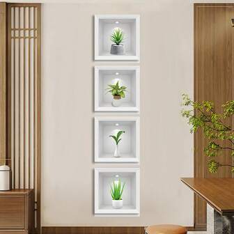 4pcs Set, Rustic 3D Green Plant Wall Stickers, Artificial Potted Plant Decals, Square Vinyl Stickers, Fresh Style Decor, Suitable For Living Room And Hallway, Home Decoration