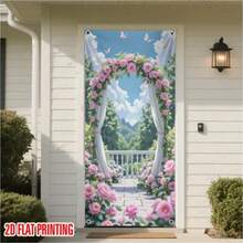 1pc 2D Fabric Banner | 2D Flat Print Pink Rose With Green Plants | Elegant Entrance Decor Backdrop, Suitable For Wedding, Garden Party, Valentine's Day, Home Events, Studio | Vibrant Colors - Multicolor - View 4