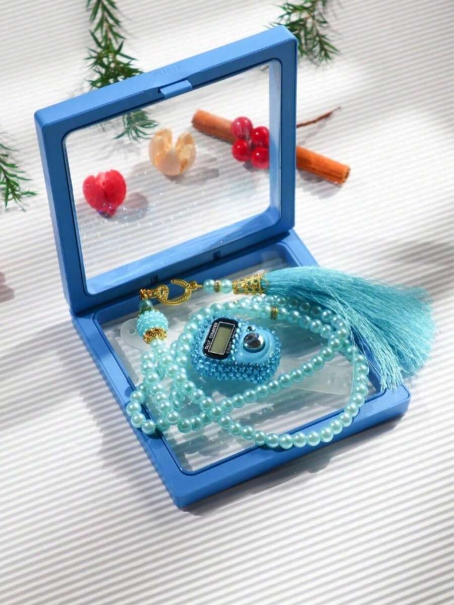 2pcs Set: Electronic Finger Tally Counter With Rhinestones, 99pcs Faux Pearl Muslim Prayer Beads, Transparent Jewelry Box. For Counting, Praying, Golf, Suitable As Holiday Gifts - Multicolor - View 1