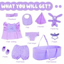 10-Piece 18-Inch Baby Doll Basket Set Includes Doll Clothes, Bassinet, Doll, Bibs, And Pacifiers. A Great Gift For Girls, Baby Dolls, Children's Toys, Party Favors, Doll Accessories, And Holiday Gifts. - Purple - View 7